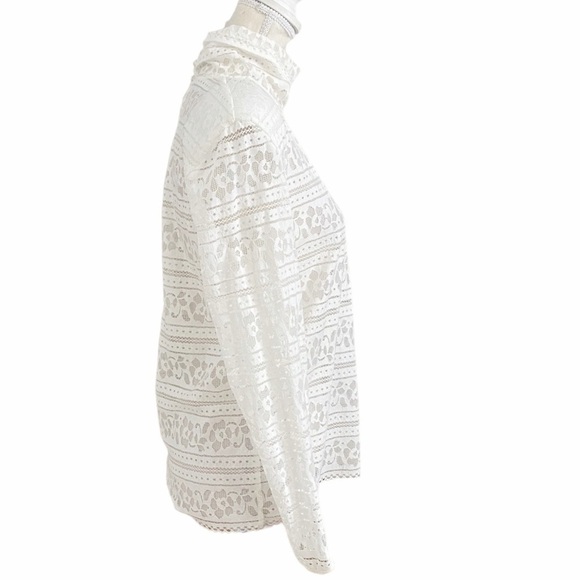 SANDRO HAMIA WHITE OPEN SHEER LACE MOCK NECK LONG SLEEVE SHOULDER PAD TOP - M - Picture 3 of 9